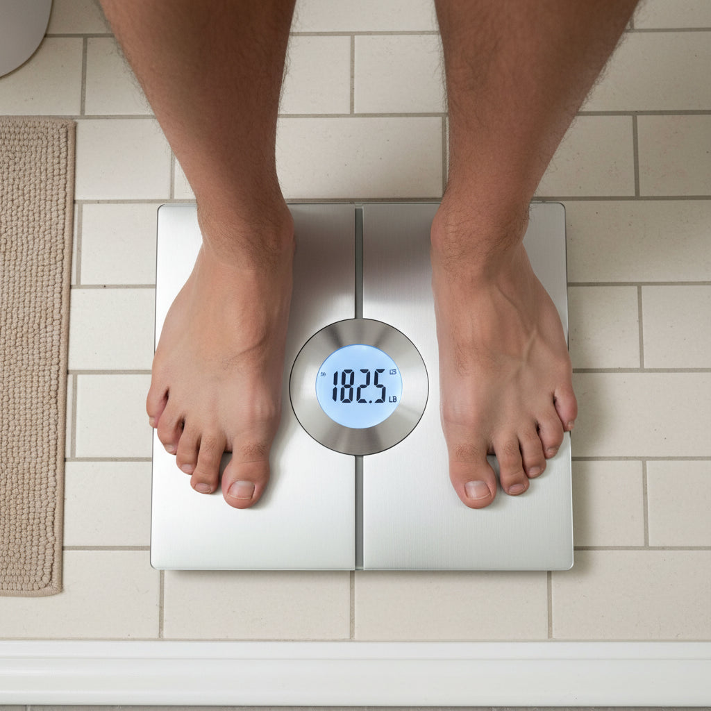 Feet standing on bathroom scale